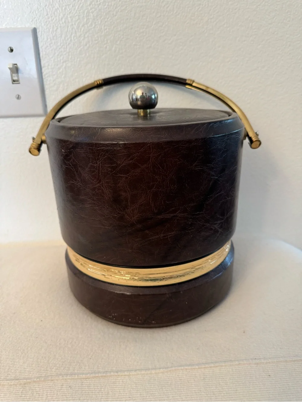 Vintage 1960s 70s Brown Faux Leather Ice Bucket Brass Tone Mid Century